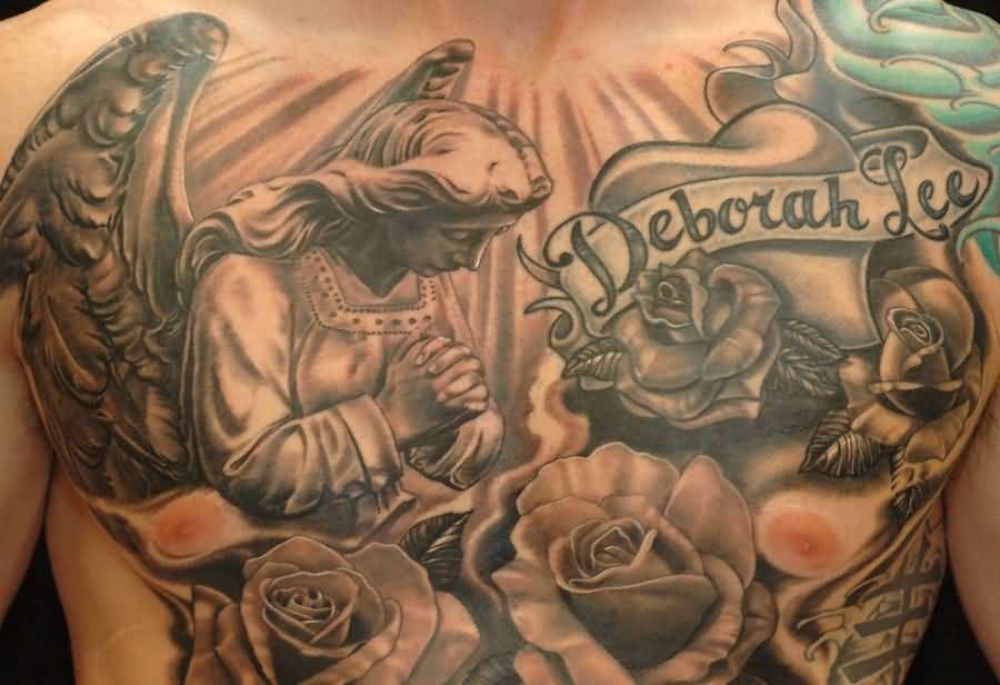 Outstanding Praying Angel With Roses Tattoo On Chest For Men