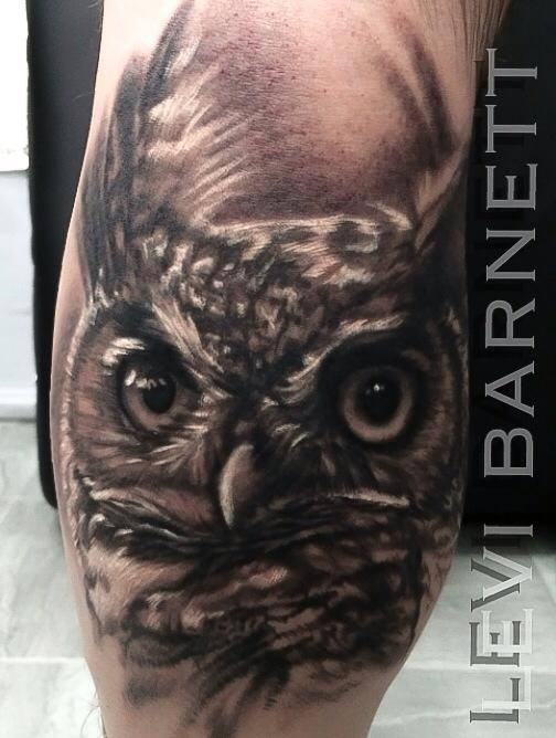Owl tattoo on arm by Levi Barnett