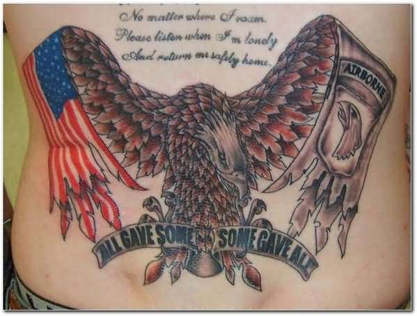Patriotic Military Remembrance Tattoo On Lower Back