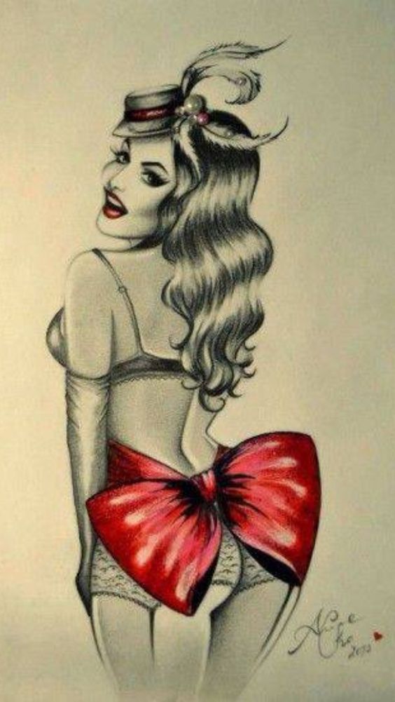 Pin Up Girl With Red Bow On Back Tattoo Design