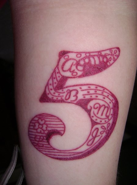 Pink 5 Number Tattoo On Arm
