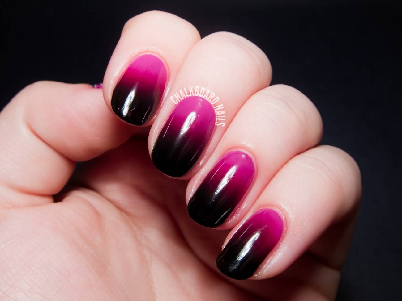 Pink And Black Glossy Gradient Nail Art