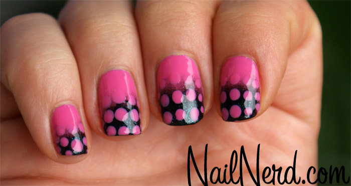 Pink And Black Polka Dots Gradient Nail Art