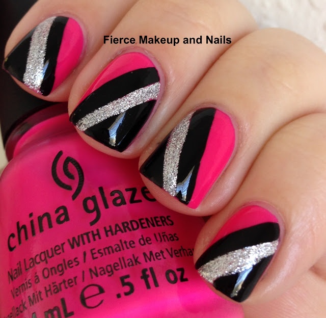 Pink And Black With Silver Strip Design Short Nail Art