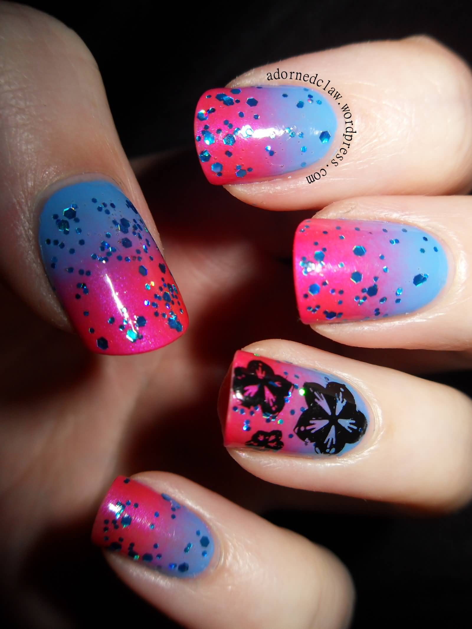 Pink And Blue Glitter Gradient Nail Art With Black Flower