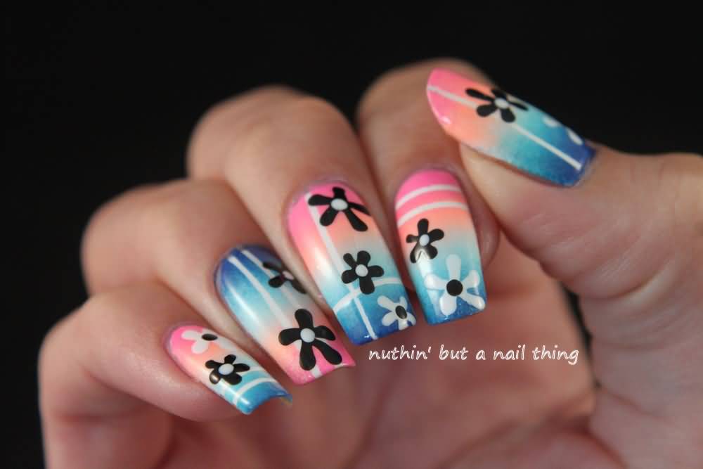 Pink And Blue Gradient Nail Art With Flowers Design Idea