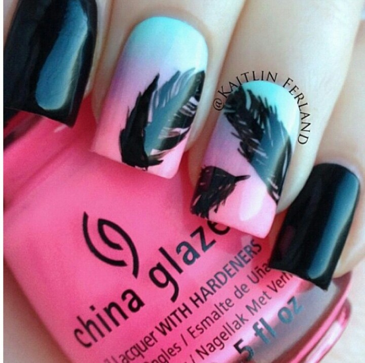 Pink And Blue Gradient With Black Feather Design Nail Art