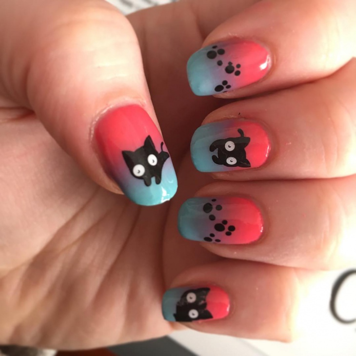 Pink And Green Gradient Nail Art With Black Cat Design
