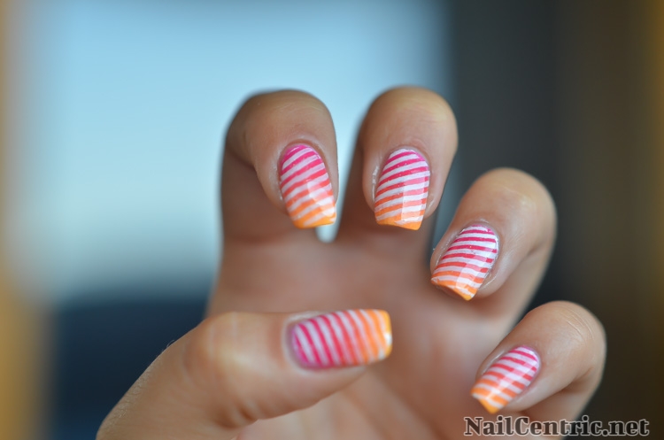Pink And Orange Gradient Stripes Design Nail Art