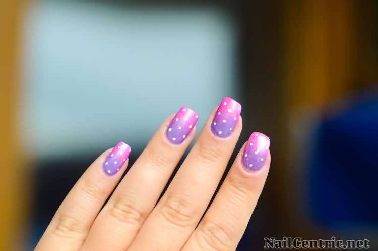 Pink And Purple Gradient With White Dots Nail Art