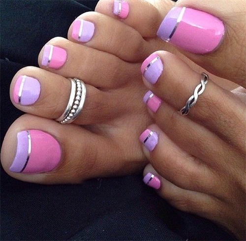 Pink And Purple Toe Nails With With Metallic Striping Tape Nail Art