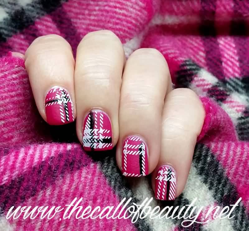Pink And White Burberry Short Nail Art