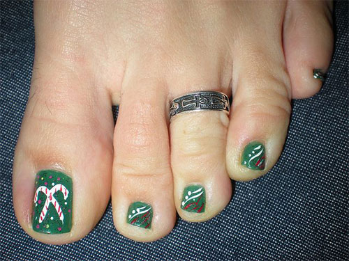 Pink And White Candy On Green Toe Nails Christmas Nail Art