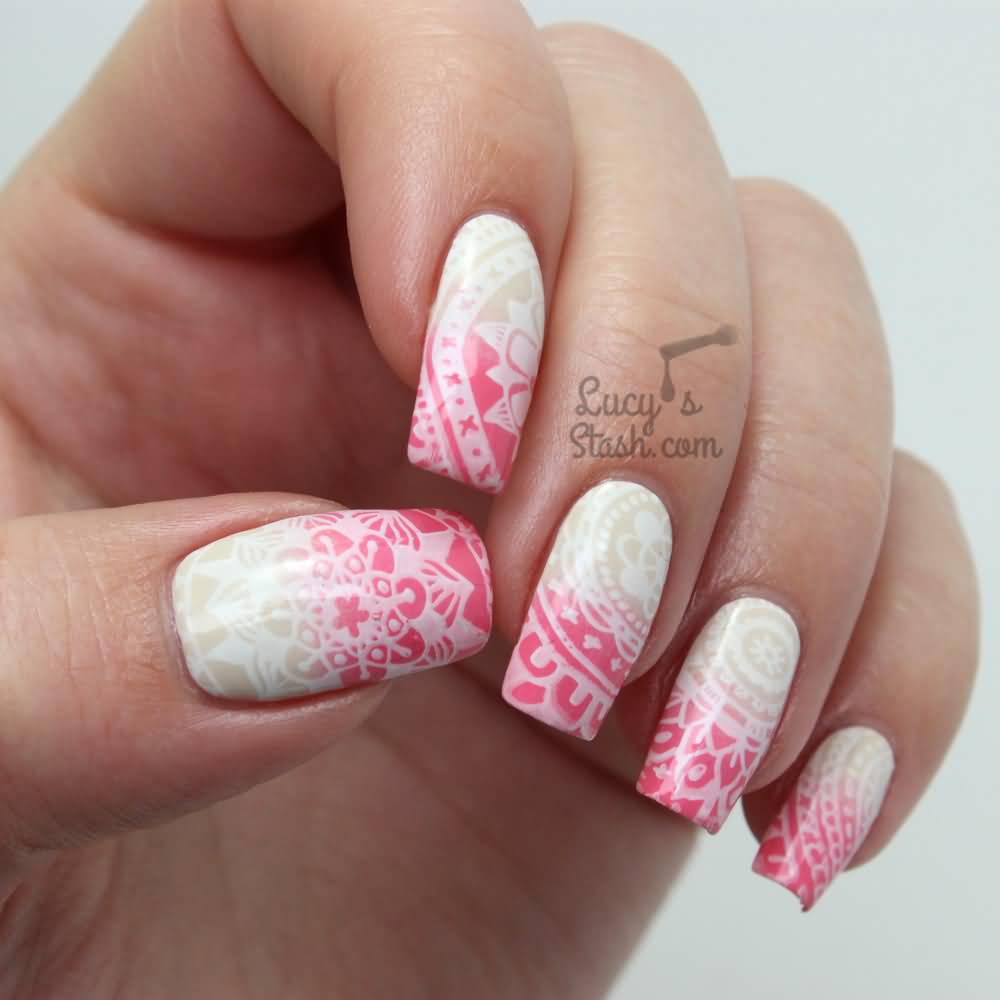 Pink And White Gradient Stamping Nail Art