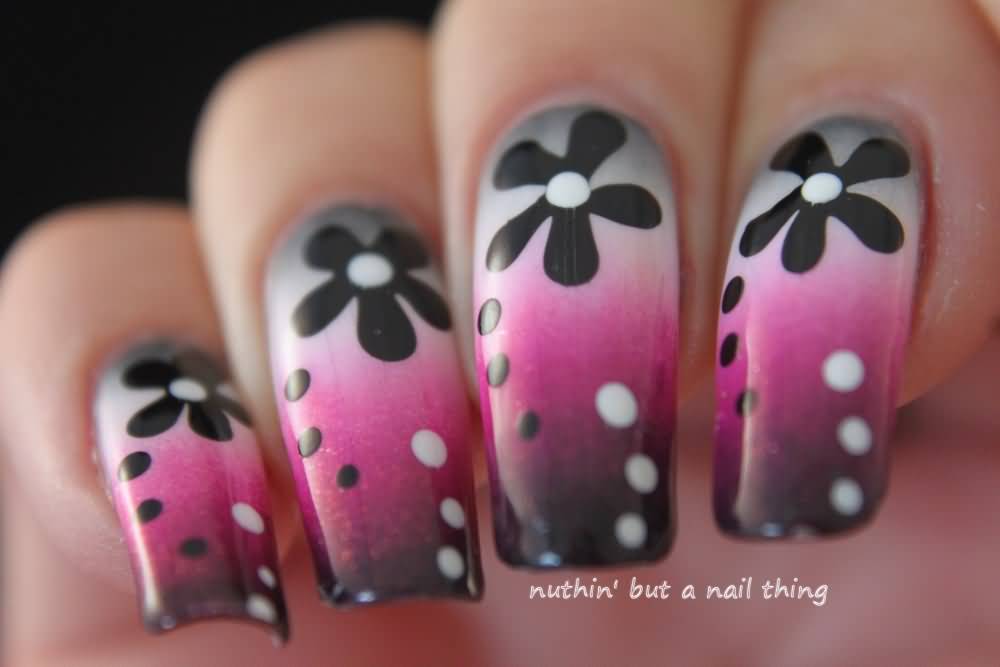Pink And White Gradient With Black Flower And Polka Dots Design