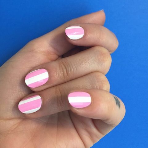 Pink And White Stripes Short Nail Art