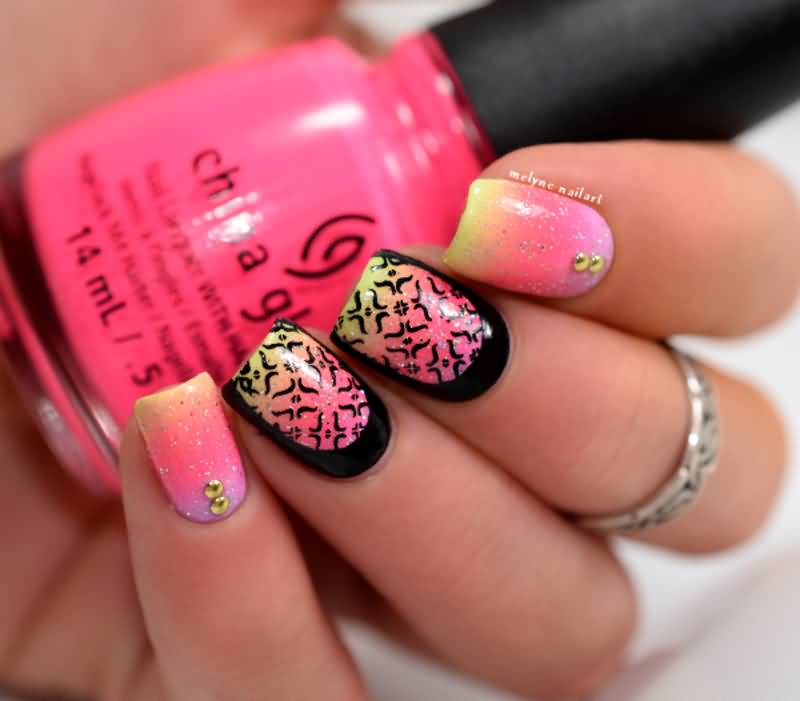 Pink And Yellow Gradient Stamping Nail Art