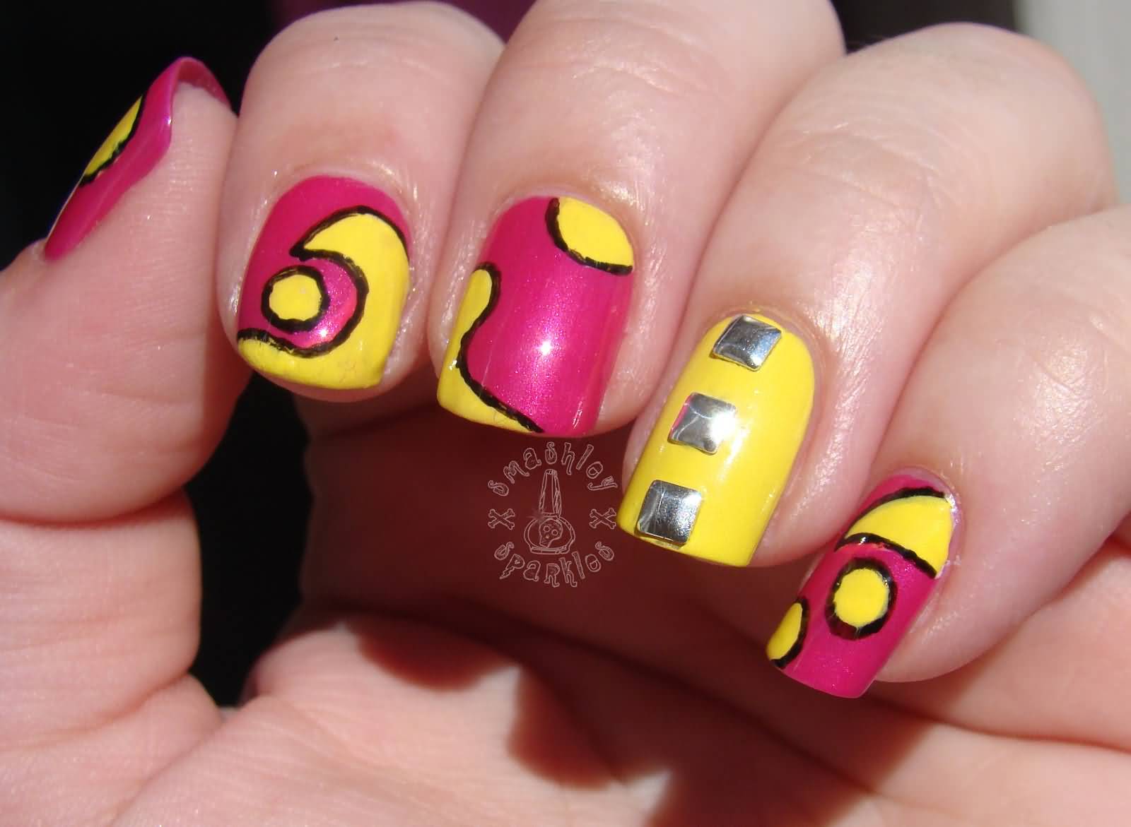 Pink And Yellow Nails With Studs Design Idea
