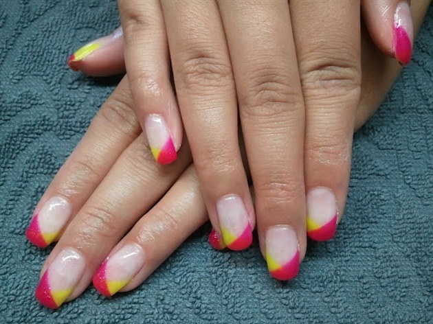 Pink And Yellow Neon Chevron Tip Nail Art Design