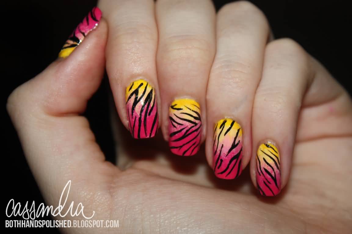 Pink And Yellow Zebra Print Nail Art