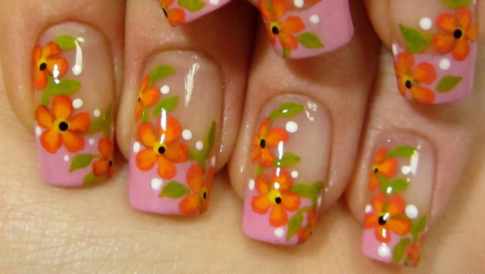 Pink French Tip With Red And Orange Flowers Vine Design Nail Art