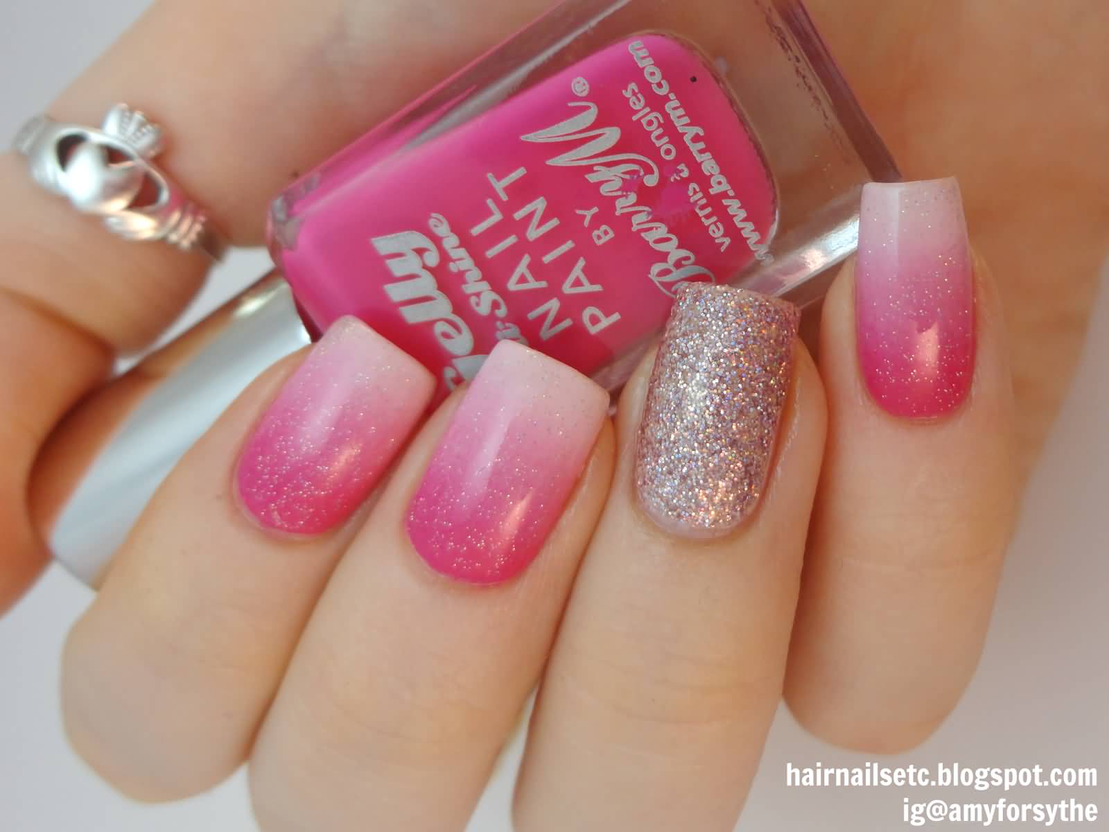 Pink Gradient Nail Art With Glitter