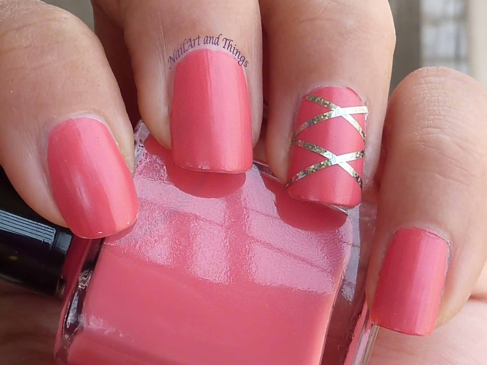 Pink Nails With Silver Cross Striping Tape Nail Art