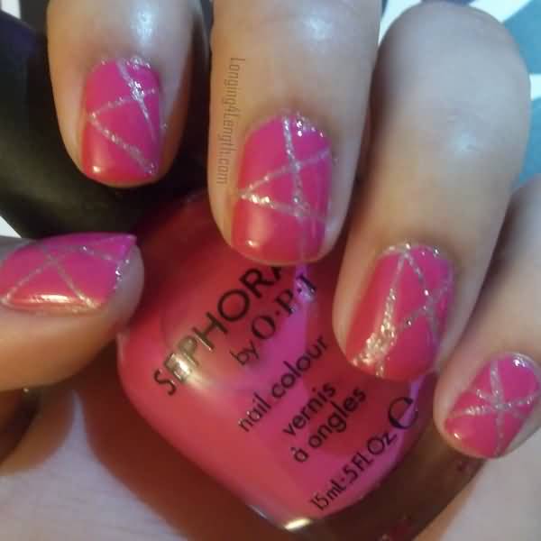 Pink Nails With Striping Tape Nail Art Design