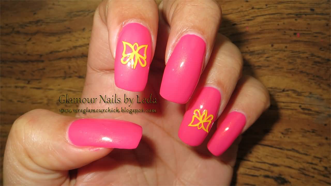 Pink Nails With Yellow Butterfly Nail Art
