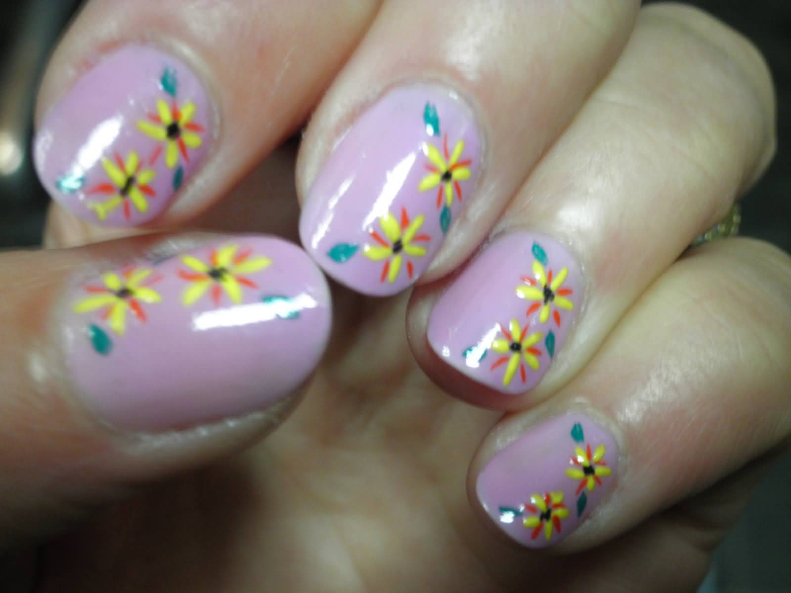 Pink Nails With Yellow Flowers Nail Art