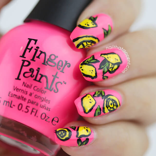 Pink Nails With Yellow Lemon Nail Art Design