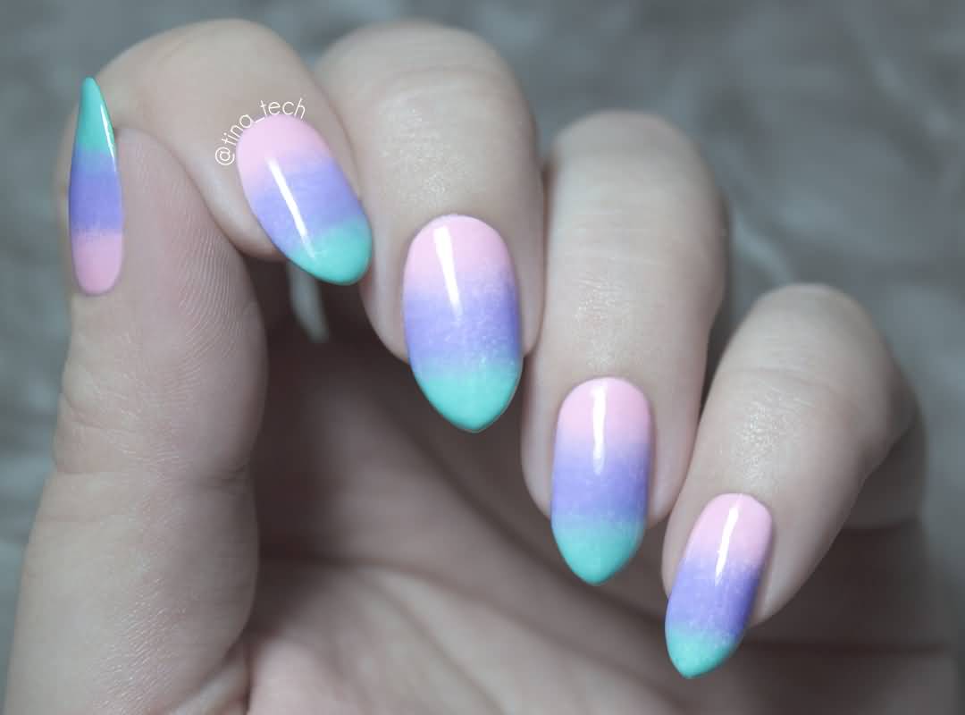 Pink Purple And Green Gradient Stiletto  Nail Art