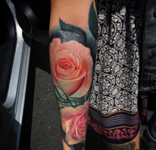 Pink Rose Tattoo On Sleeve by Rember Orellana