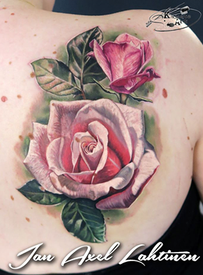 Pink Roses Tattoos On Right Back Shoulder by Jan Axel