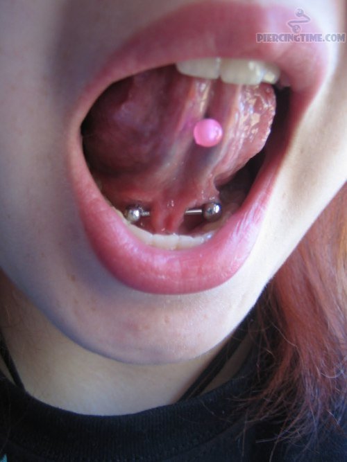 Pink Stud Tongue And Tongue Frenulum Piercing With Barbell