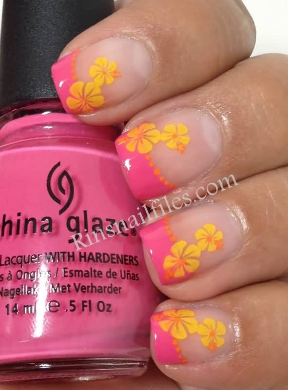 Pink Tip And Yellow Floral Design Nail Art