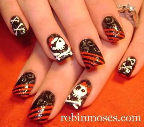 Pirate Skulls And Red Stripes Nail Art