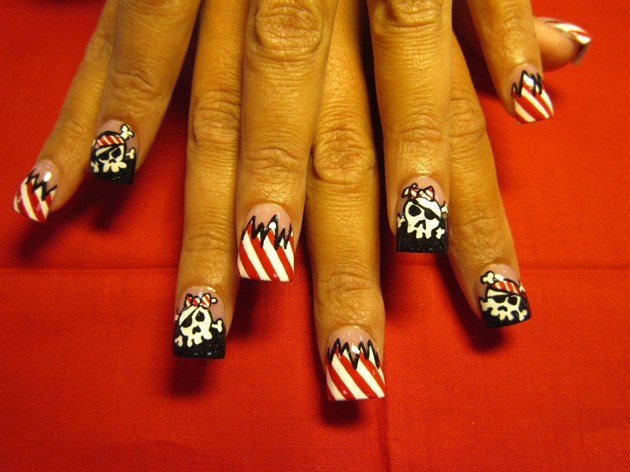Pirate Skulls And Red Stripes Nail Design