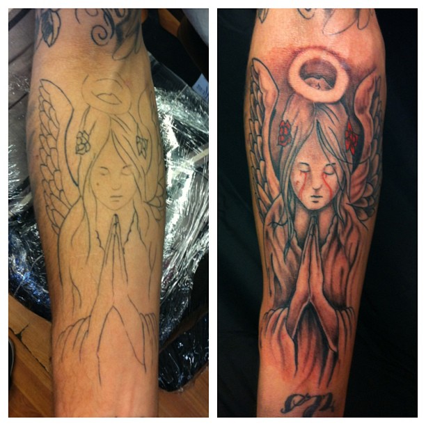 Praying Angel Before And After Tattoo On Sleeve