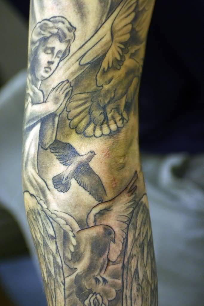 Praying Angel Kid Theme Tattoo On Full Sleeve