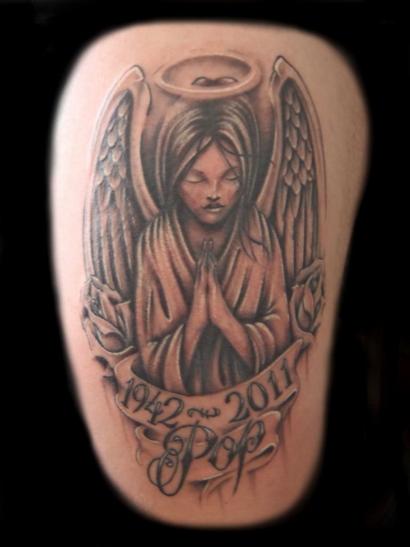 Praying Angel With Banner Tattoo