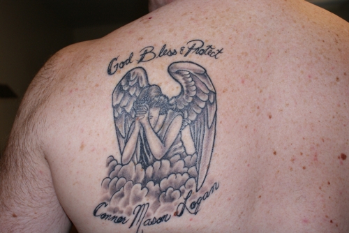 Praying Angel With Protect Prayer Tattoo On Left Back Shoulder