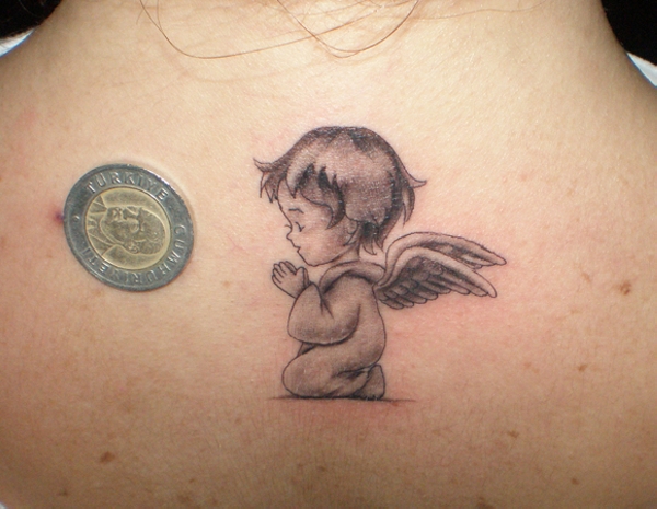 Praying Baby Angel Tattoo On Upper Back