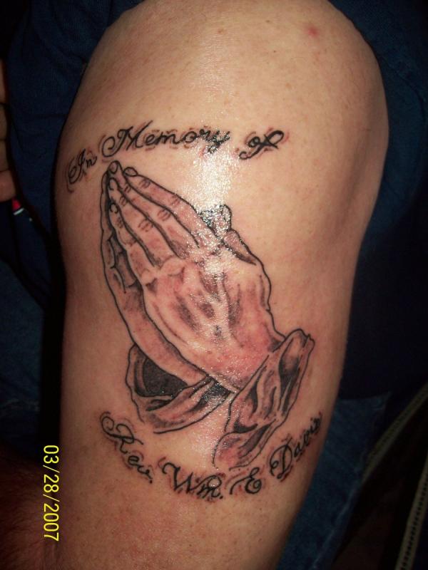 Praying Hands Remembrance Tattoo On Shoulder