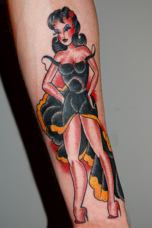 Pretty Pin Up Girl Tattoo On Forearm