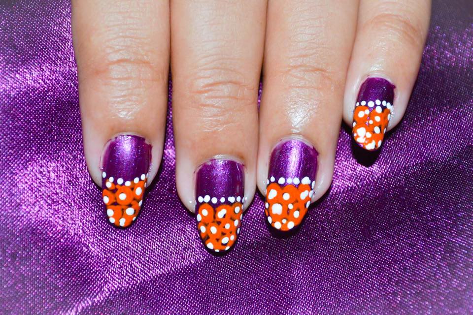Purple And Orange Dots French Tip Nail Art