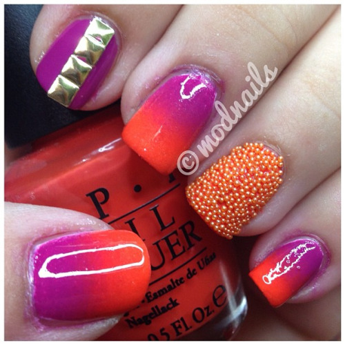 Purple And Orange Gradient With Caviar Beads Design Nail Art