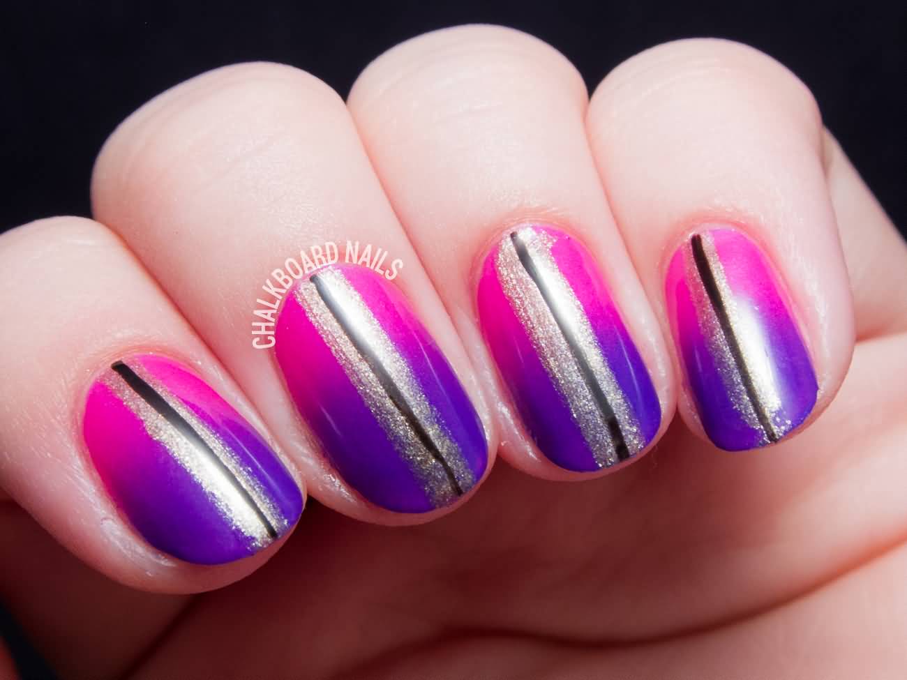 Purple And Pink Gradient With Strip Design Nail Art