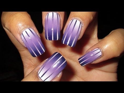 Purple And White Striped Design Gradient Nail Art