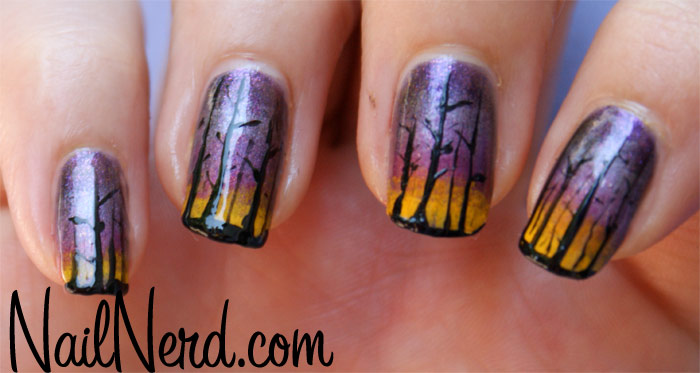 Purple And Yellow Gradient With Autumn Trees Nail Art